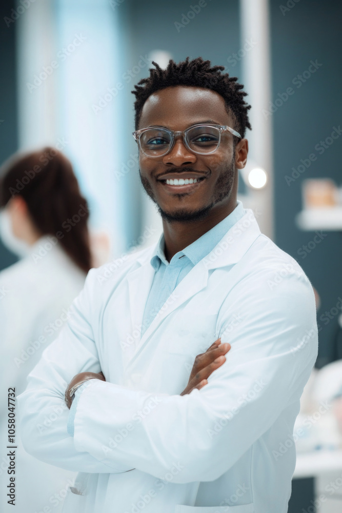 A confident doctor wearing glasses and a white lab coat smiles warmly, arms crossed, in a professional setting, embodying trust and medical expertise. A confident doctor wearing glasses and a white lab coat smiles warmly, arms crossed, in a professional setting, embodying trust and medical expertise.