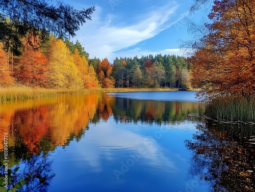 An autumnal lake as smooth as glass surrounded by colorful trees