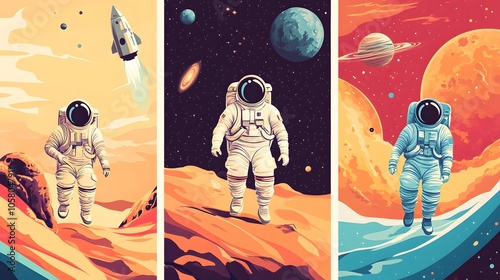 Astronaut in space retro Posters, backgrounds, covers vector set. Space and the universe concept. Cosmonaut in spacesuit walking by alien planet, spaceship flying. Vintage style illustrations.
 photo