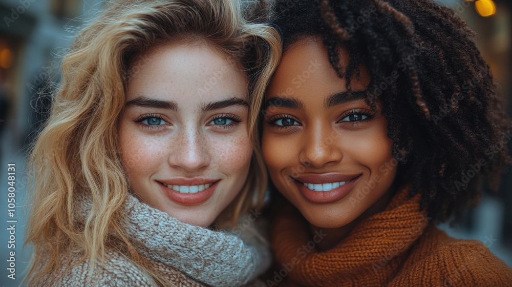 Two young women with beautiful curly hair smiling, close-up, diverse beauty, friendship, outdoor portrait, happy friends, radiant smiles, natural beauty, female bonding, cheerful mood Two young women with beautiful curly hair smiling, close-up, diverse beauty, friendship, outdoor portrait, happy friends, radiant smiles, natural beauty, female bonding, cheerful mood