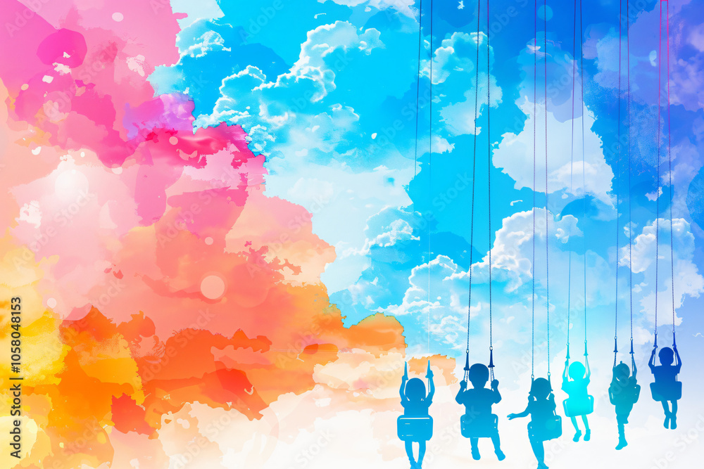 children experiencing the thrill of a swing ride at an amusement park, framed by a breathtaking sunset and colorful clouds children experiencing the thrill of a swing ride at an amusement park, framed by a breathtaking sunset and colorful clouds