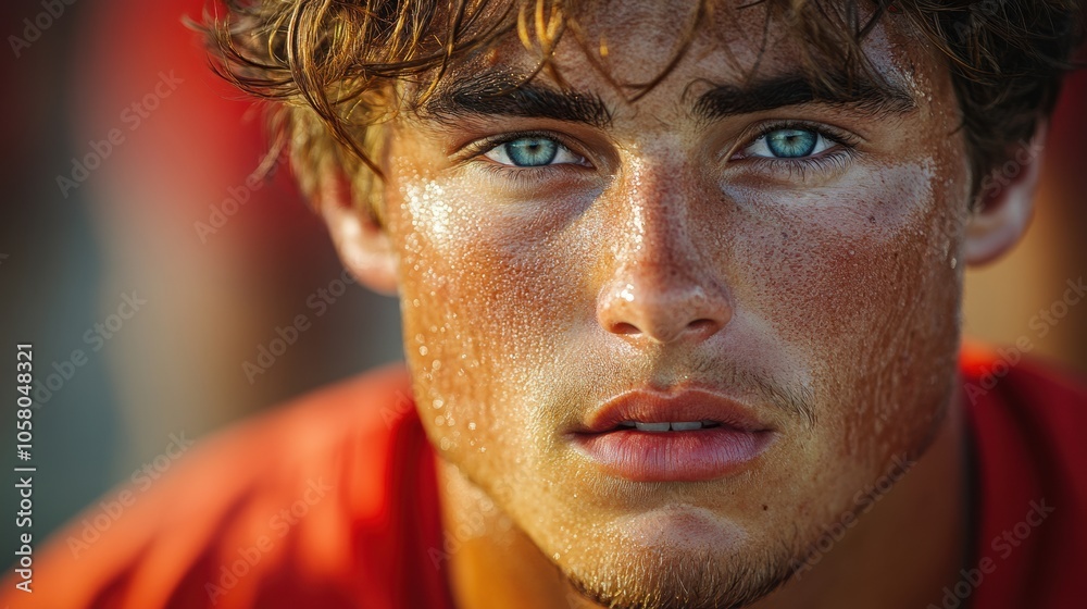 Close-up of confident young male athlete at outdoor track, intense expression, sports training, athletic field, focused, competitive spirit, fitness, determination, summer sun Close-up of confident young male athlete at outdoor track, intense expression, sports training, athletic field, focused, competitive spirit, fitness, determination, summer sun