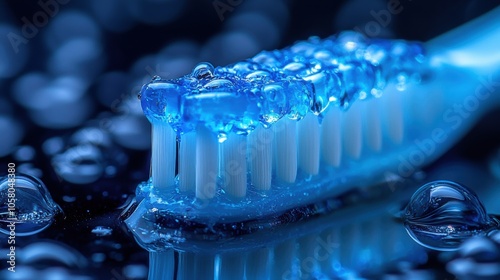 Detailed close-up of toothbrush head with fresh gel, blue tones, oral hygiene, dental care, cleanliness, macro view, healthcare product, hygiene focus, clean bristles, tooth cleaning photo