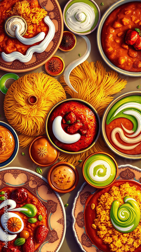 Colorful spread of traditional dishes adorned with vibrant sauces and spices