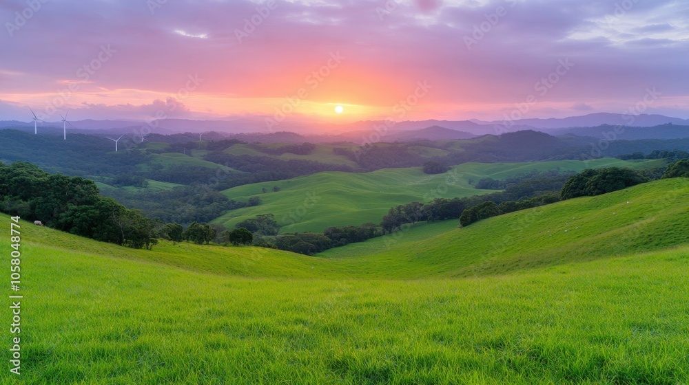 Serene sunset over rolling hills and wind turbines in a lush green landscape Serene sunset over rolling hills and wind turbines in a lush green landscape