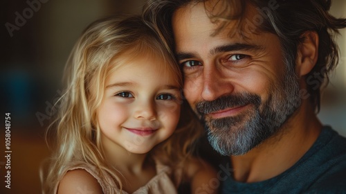 Father and daughter sharing a warm embrace, close-up of loving bond, family connection, happy expressions, bearded dad, affectionate relationship, togetherness, joyful, parent and child