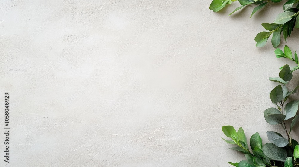 Minimalist light background with green eucalyptus leaves on the side Minimalist light background with green eucalyptus leaves on the side