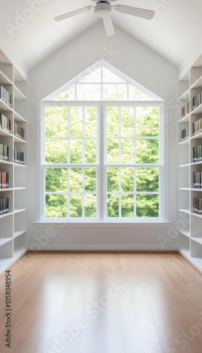 Bright and airy room with large window and white bookshelves.