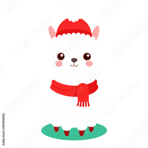 Cute Llama Christmas Illustration: A charming and adorable cartoon llama wearing a red Santa hat and scarf, perfect for adding a touch of festive cheer to your holiday designs.