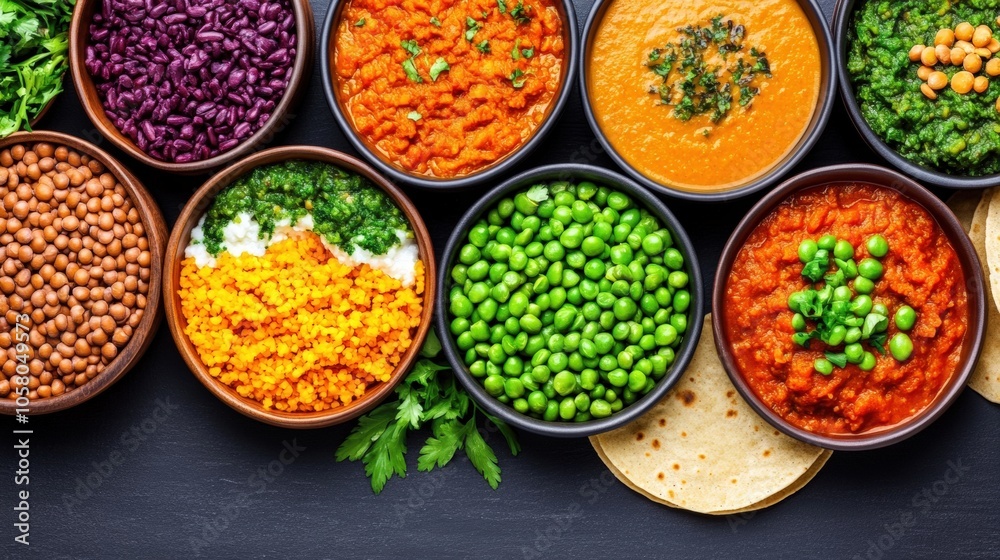 Fototapeta premium Colorful assortment of vibrant vegetables and grains in bowls