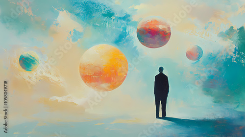 Surrealist abstract expressionist painting with figure and floating spheres. Surrealist Dreamscape. Illustration