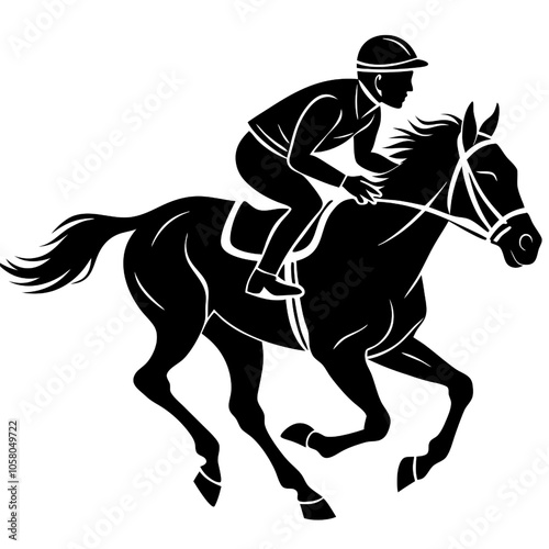 Jockey and Horse Silhouette: Dynamic equestrian vector art depicting a jockey riding a horse at full gallop, capturing the energy and grace of horse racing.  