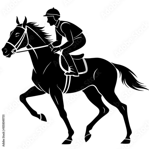 Jockey and Horse in Motion: A powerful silhouette of a jockey riding a horse at full gallop, capturing the energy and grace of equestrian sports. 