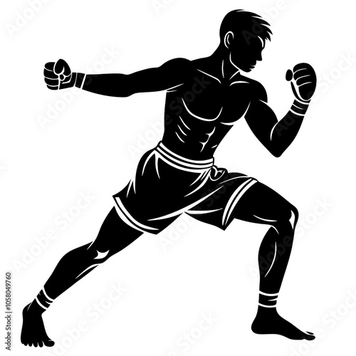 Silhouette of a Muay Thai Fighter: A powerful silhouette of a Muay Thai fighter in a fighting stance, capturing the raw energy and determination of this martial art.  