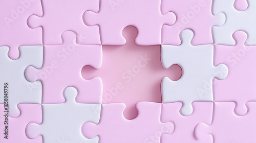Pink and white puzzle with missing piece - concept of incompletion and strategy photo
