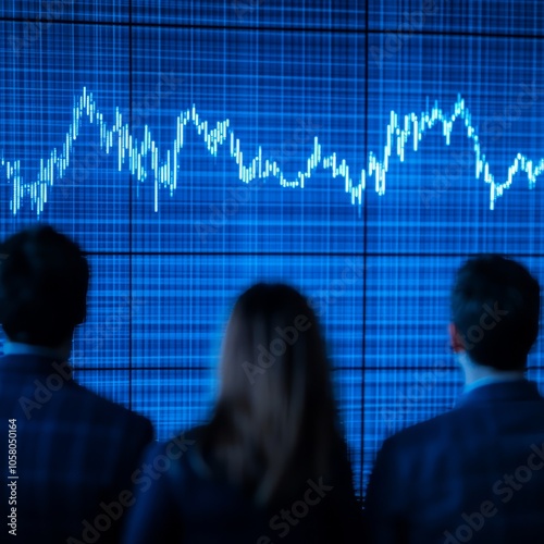 Businesspeople look at a stock market chart displayed on a large screen.