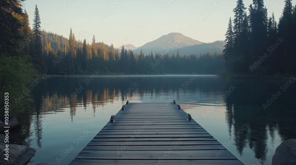 A wooden dock extending into a calm lake surrounded by trees and mountains at dawn. A wooden dock extending into a calm lake surrounded by trees and mountains at dawn.
