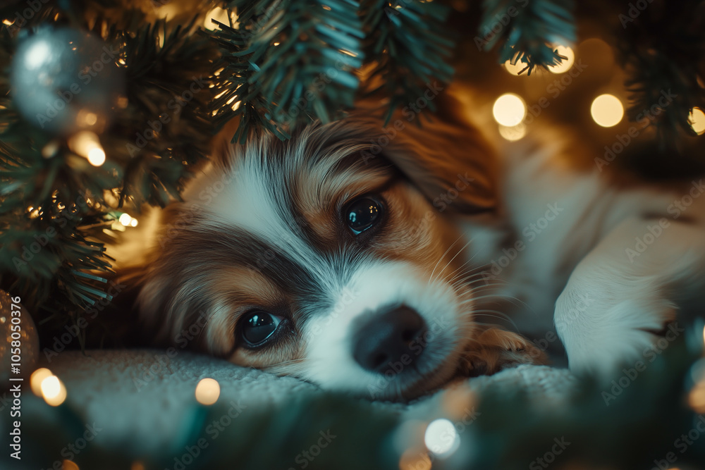 Fototapeta premium Adorable puppy with blurry festive decor. Portrait of beloved dog at home and pine tree with bokeh effect lights. Happy New Year, Christmas, holidays concept. Holidays and relax