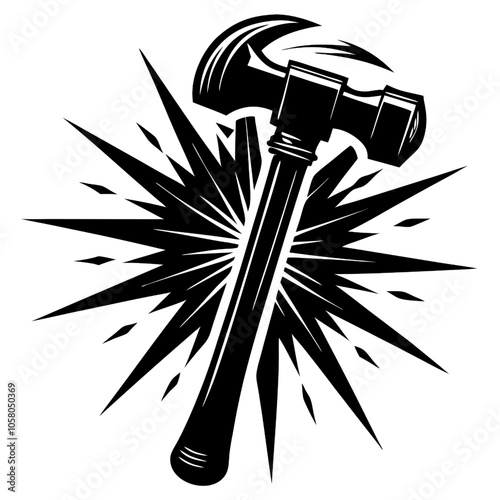 Hammer Power: Black and white illustration of a claw hammer bursting through a starburst.  A strong graphic design for construction, DIY, and power concepts.