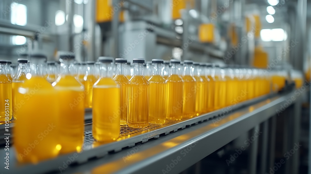 Plastic Bottles of Orange Juice on Conveyor Belt in Beverage Factory Assembly Line : Generative AI Plastic Bottles of Orange Juice on Conveyor Belt in Beverage Factory Assembly Line : Generative AI