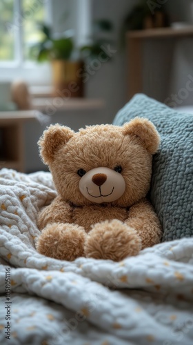 teddy bear nestled in a soft blanket on a cozy bed radiating warmth and happiness in a childs bedroom adorned with comforting decor and a friendly atmosphere