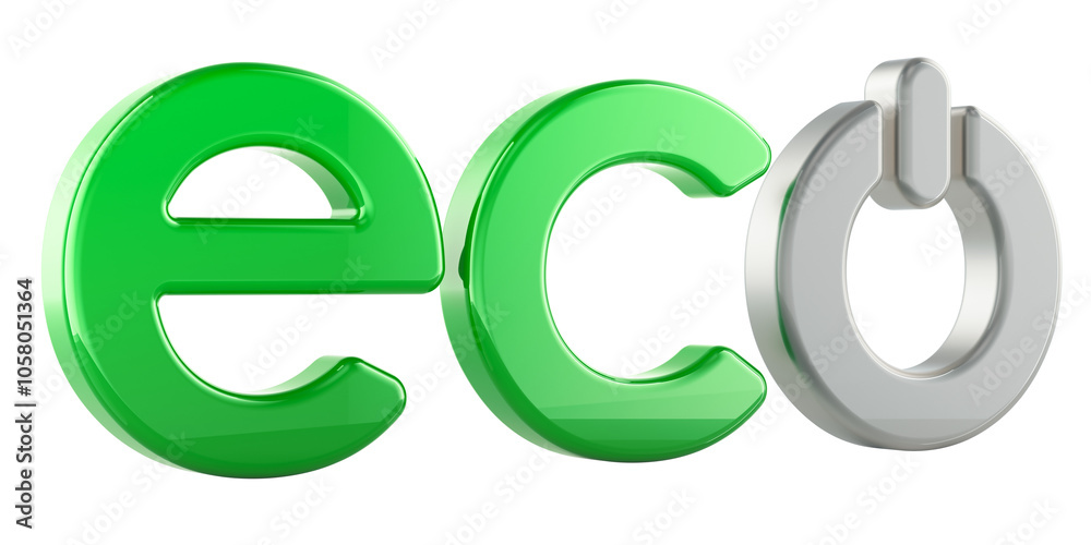 Eco inscription with power button, 3D rendering isolated on transparent background Eco inscription with power button, 3D rendering isolated on transparent background