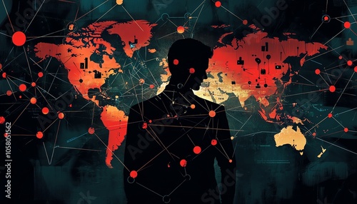 Dynamic illustration of a businessman showcasing a world map with social network connection icons, designed on a striking dark background for a technologyfocused theme photo