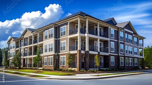 Elegant Urban Apartment Building Surrounded by Greenery and Clear Blue Skies : Generative AI