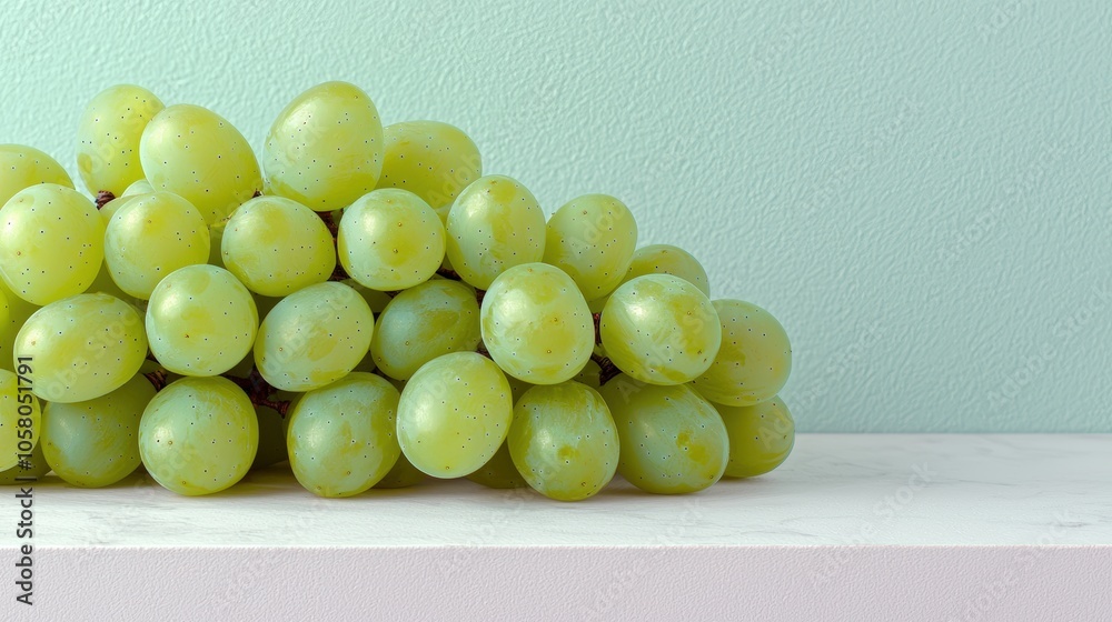 Fresh green grapes on white marble surface against pastel green background Fresh green grapes on white marble surface against pastel green background