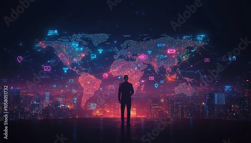 Dynamic illustration of a businessman presenting a global network map with social media connection icons, designed on a deep blue background for an online business theme