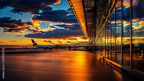 Golden hour at modern airport terminal reflecting vibrant sunset and airplane activity : Generative AI