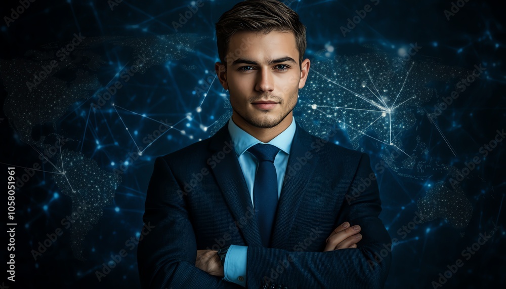 Engaging image of a businessman with a global map of connections and social media symbols, set against a rich dark background for a tech business illustration Engaging image of a businessman with a global map of connections and social media symbols, set against a rich dark background for a tech business illustration