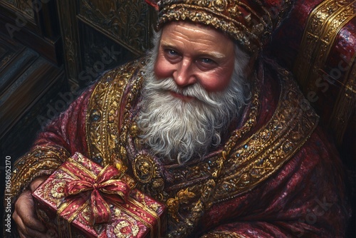 Elderly Santa with a wise expression in rich ornate robes holding a wrapped gift in an indoor holiday setting exuding timeless wisdom and the joy of gift giving