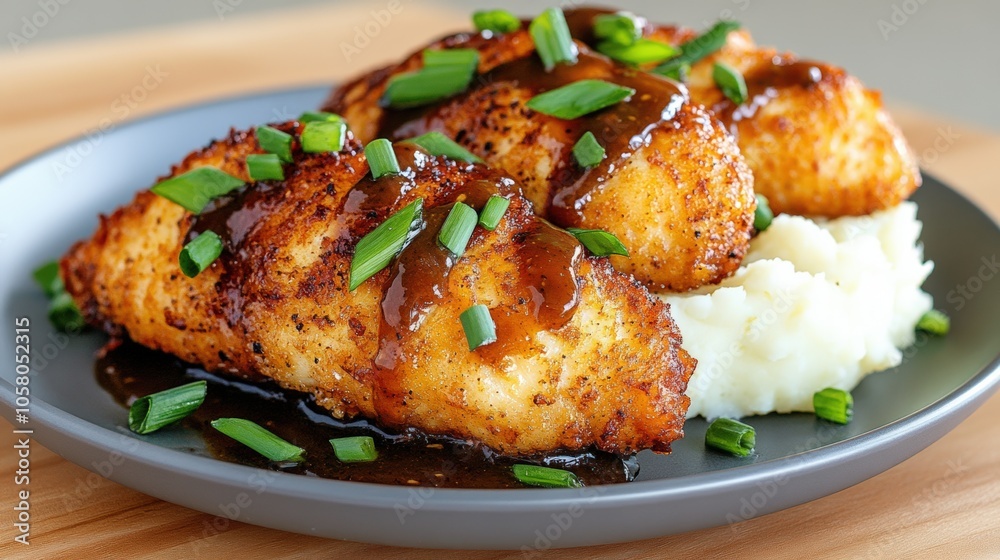 Savory fried chicken with rich brown gravy and mashed potatoes Savory fried chicken with rich brown gravy and mashed potatoes