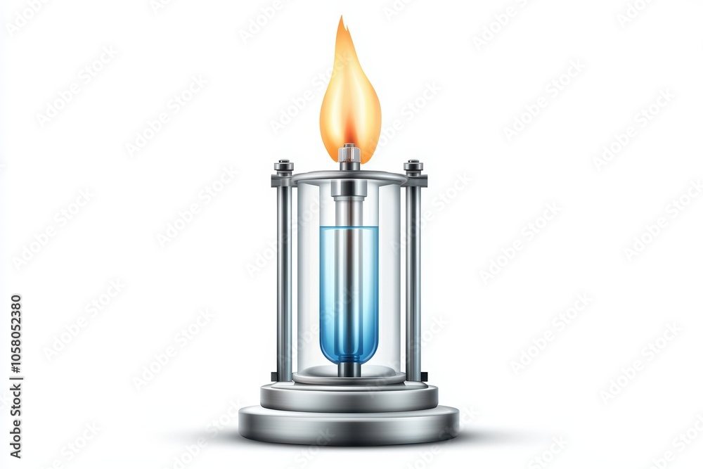 A glass gas lamp with a flame, showcasing blue liquid and a metallic base on a white isolated background. A glass gas lamp with a flame, showcasing blue liquid and a metallic base on a white isolated background.