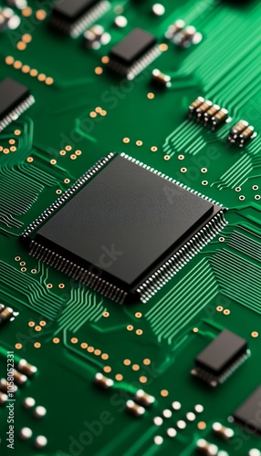 Close-up of a black microchip on a green circuit board.