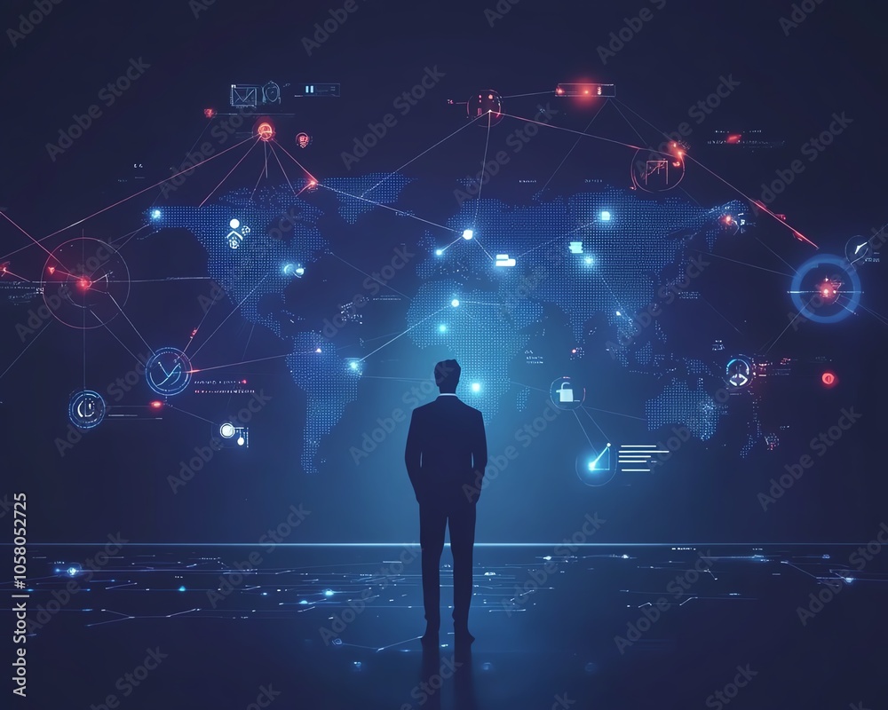 Futuristic portrayal of a businessman presenting a world map filled with social media connection icons, against a sleek dark blue background for a digital business concept Futuristic portrayal of a businessman presenting a world map filled with social media connection icons, against a sleek dark blue background for a digital business concept