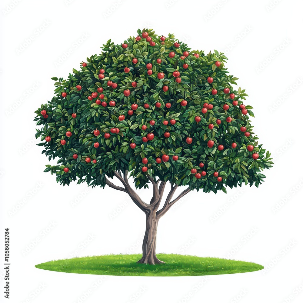 A vibrant apple tree with ripe red apples on a grassy field, isolated on a white background.