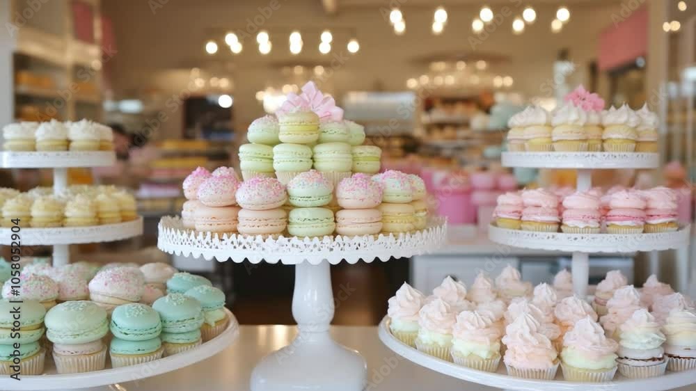 Colorful display of macarons and cupcakes at a bakery during the afternoon Colorful display of macarons and cupcakes at a bakery during the afternoon