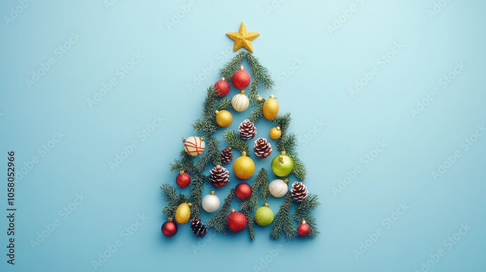 A festive Christmas frame set against a vibrant blue backdrop. When viewed from above, it is composed of a fir tree with flattened Christmas ornaments. Ideal for backgrounds of winter holidays A festive Christmas frame set against a vibrant blue backdrop. When viewed from above, it is composed of a fir tree with flattened Christmas ornaments. Ideal for backgrounds of winter holidays