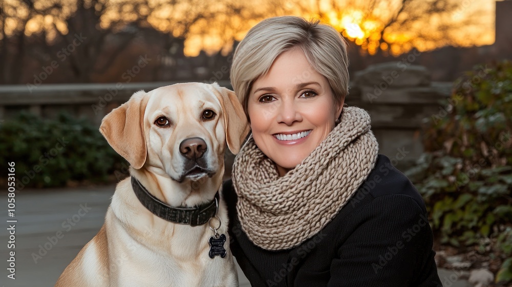 A woman in her thirties shares a joyful moment with her yellow Labrador while sitting in a winter landscape during sunset A woman in her thirties shares a joyful moment with her yellow Labrador while sitting in a winter landscape during sunset