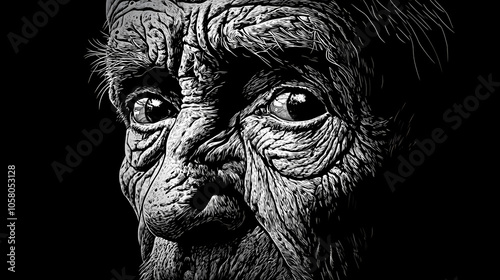 Weathered face of elderly man deep wrinkles etched with wisdom intense gaze chiaroscuro lighting emotive portrait. Chiaroscuro Lighting. Illustration