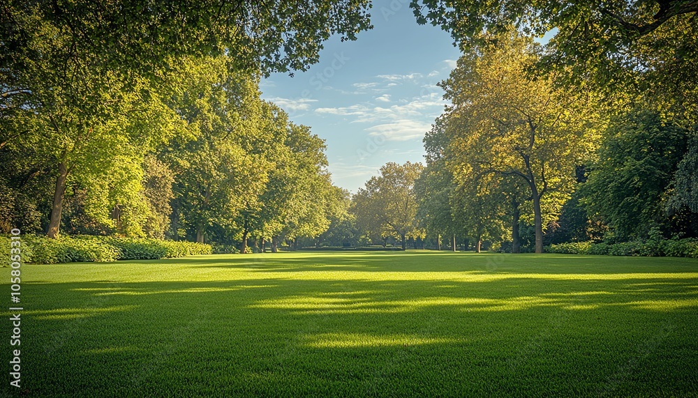 Lush green park scene with beautifully blurred trees and foliage on a sunny day, showcasing soft bokeh and panoramic space for text Lush green park scene with beautifully blurred trees and foliage on a sunny day, showcasing soft bokeh and panoramic space for text