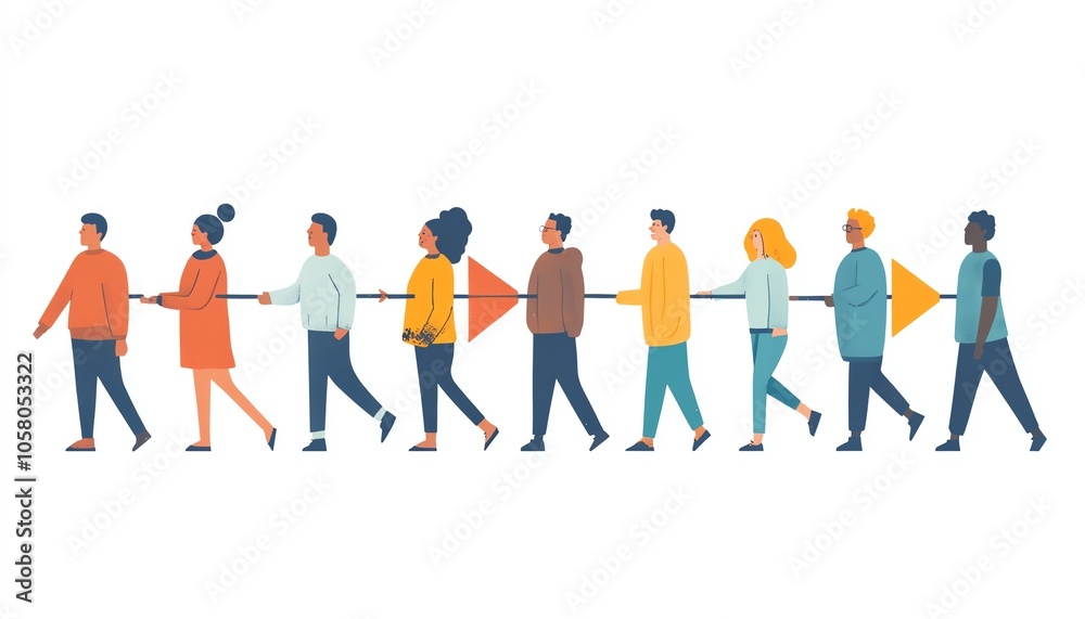 Minimalist cartoonstyle depiction of diverse individuals creating an arrow shape, using simple lines against a stark white backdrop Minimalist cartoonstyle depiction of diverse individuals creating an arrow shape, using simple lines against a stark white backdrop