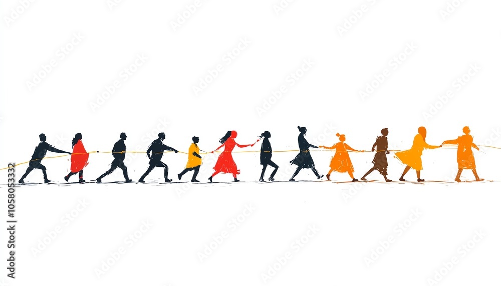 Minimalist cartoonstyle depiction of diverse individuals creating an arrow shape, using simple lines against a stark white backdrop Minimalist cartoonstyle depiction of diverse individuals creating an arrow shape, using simple lines against a stark white backdrop