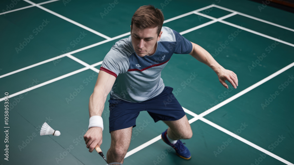 A man is playing badminton and holding a racket. Concept of focus and determination as the man prepares to hit the shuttlecock A man is playing badminton and holding a racket. Concept of focus and determination as the man prepares to hit the shuttlecock