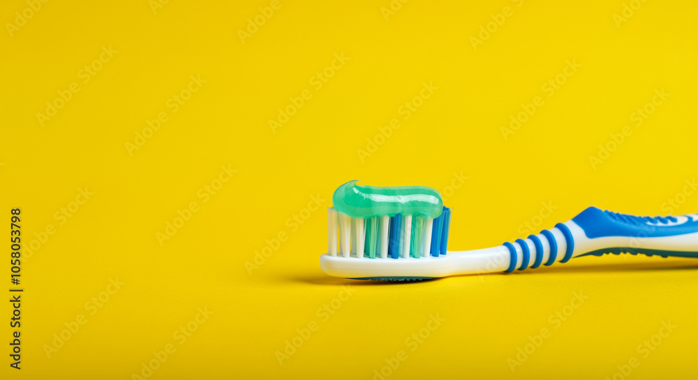 Toothbrush with toothpaste on yellow background for oral hygiene and cleaning Toothbrush with toothpaste on yellow background for oral hygiene and cleaning