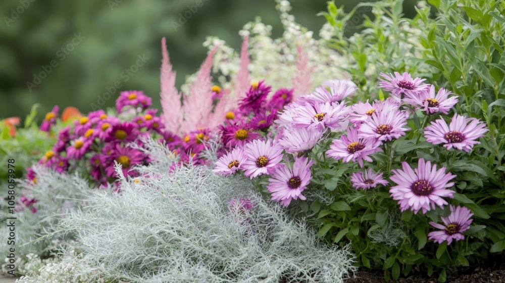 Obraz premium Vibrant purple and pink flowers in a lush garden setting