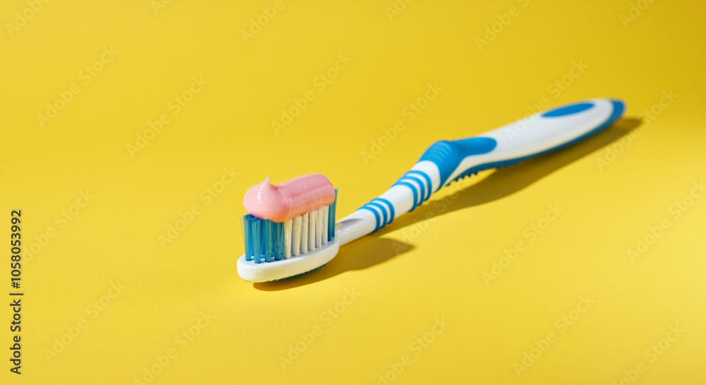 Toothbrush with pink toothpaste on yellow background for dental hygiene care Toothbrush with pink toothpaste on yellow background for dental hygiene care