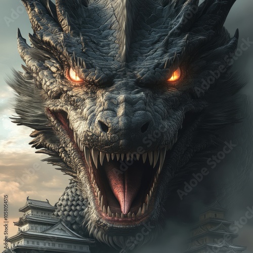 Close-up of a fierce dragon with glowing eyes, roaring with open mouth, and a castle in the background.